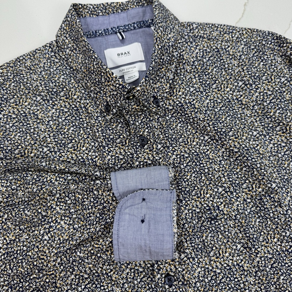 Brax Button Down Shirt Mens‎ L Blue Floral Modern Fit Contrasting Cuff Preppy